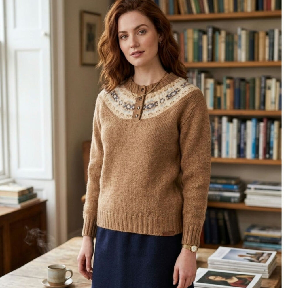 Vintage Deans of Scotland Fair Isle Button-up Henley Sweater 100% Shetland Wool